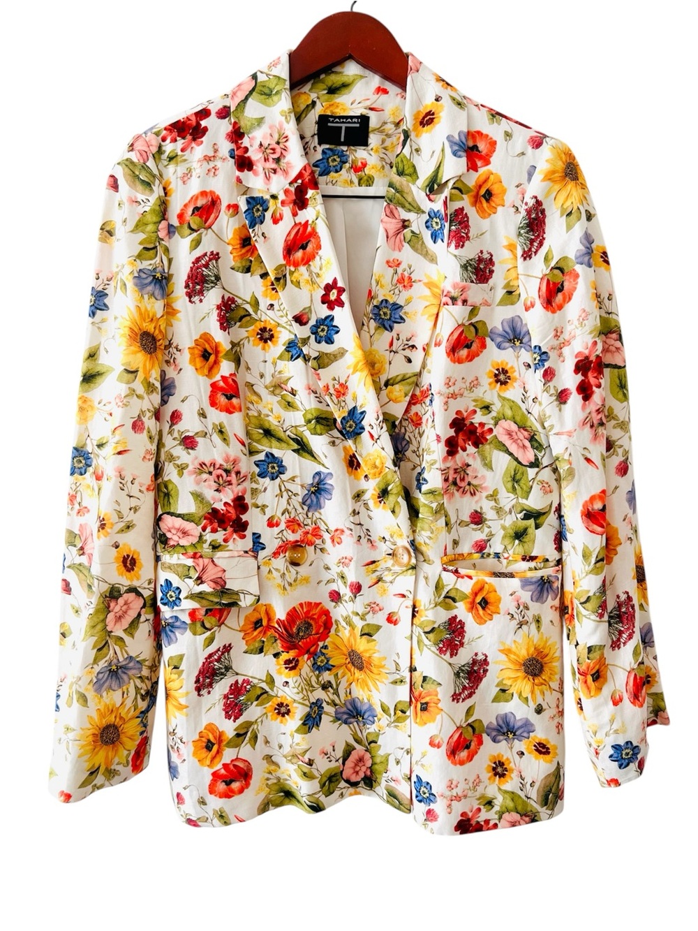 TAHARI Floral Print LINEN Women's Blazer - Off-White Multi Sz 8